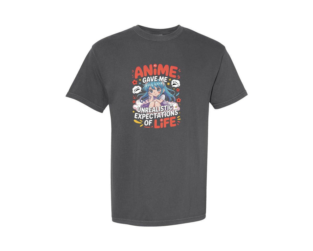 brand:Comfort Colors|color:Pepper|Anime Gave Me Unrealistic Expectations Graphic T-Shirt