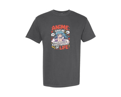 brand:Comfort Colors|color:Pepper|Anime Gave Me Unrealistic Expectations Graphic T-Shirt