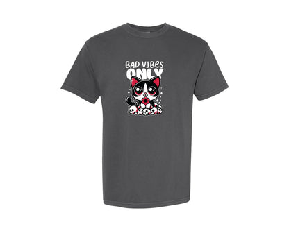 brand:Comfort Colors|color:Pepper|Bad Vibes Only Funny Skull Cat Graphic T-Shirt