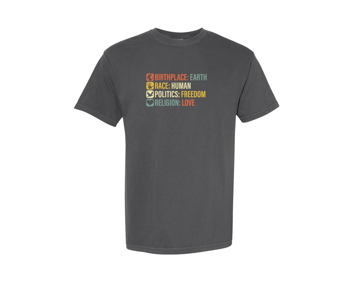 brand:Comfort Colors|color:Pepper|Birthplace Earth Race Human Politics 4 Graphic T-Shirt