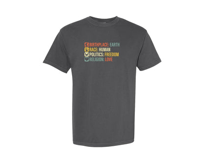 brand:Comfort Colors|color:Pepper|Birthplace Earth Race Human Politics 4 Graphic T-Shirt