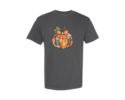 brand:Comfort Colors|color:Pepper|Vintage Patchwork Pumpkin Farmhouse Graphic T-Shirt