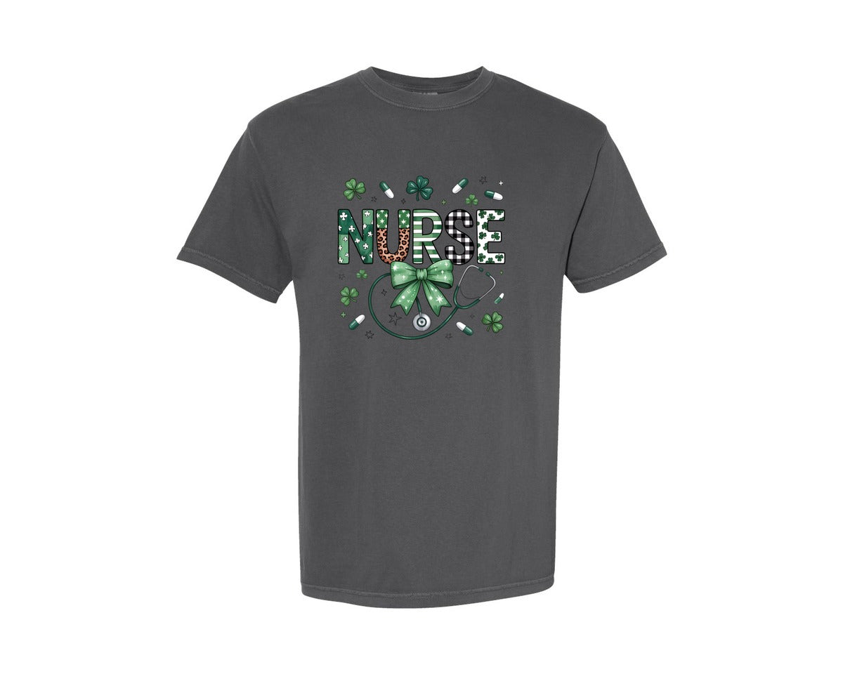 brand:Comfort Colors|color:Pepper|St Patricks Day Nurse Shamrock Graphic T-Shirt