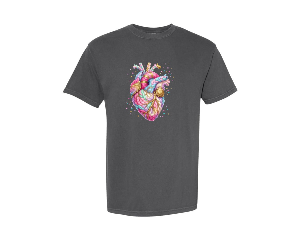 brand:Comfort Colors|color:Pepper|Faux Yarn Anatomical Heart Valentine Graphic T-Shirt