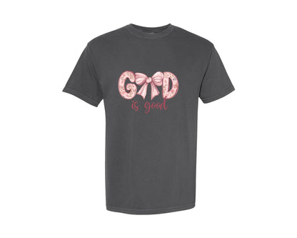 brand:Comfort Colors|color:Pepper|God Is Good Watercolor Floral Faith Insp Graphic T-Shirt