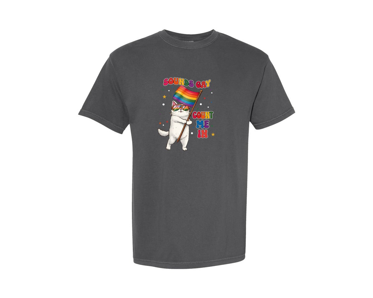 brand:Comfort Colors|color:Pepper|Sounds Gay Count Me In Cute Pride Cat Graphic T-Shirt