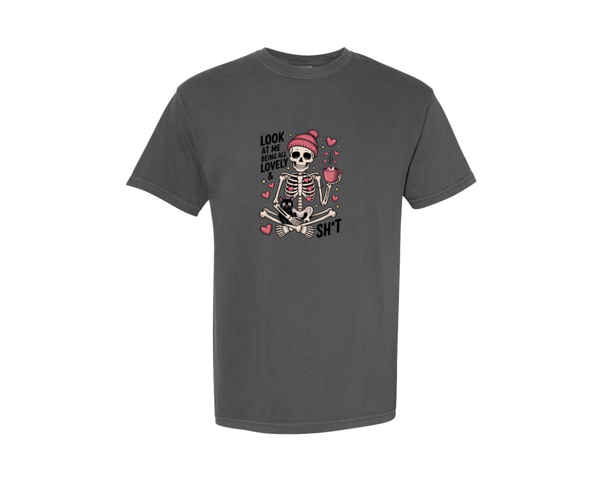 brand:Comfort Colors|color:Pepper|Funny Valentine Skeleton 3 Graphic T-Shirt