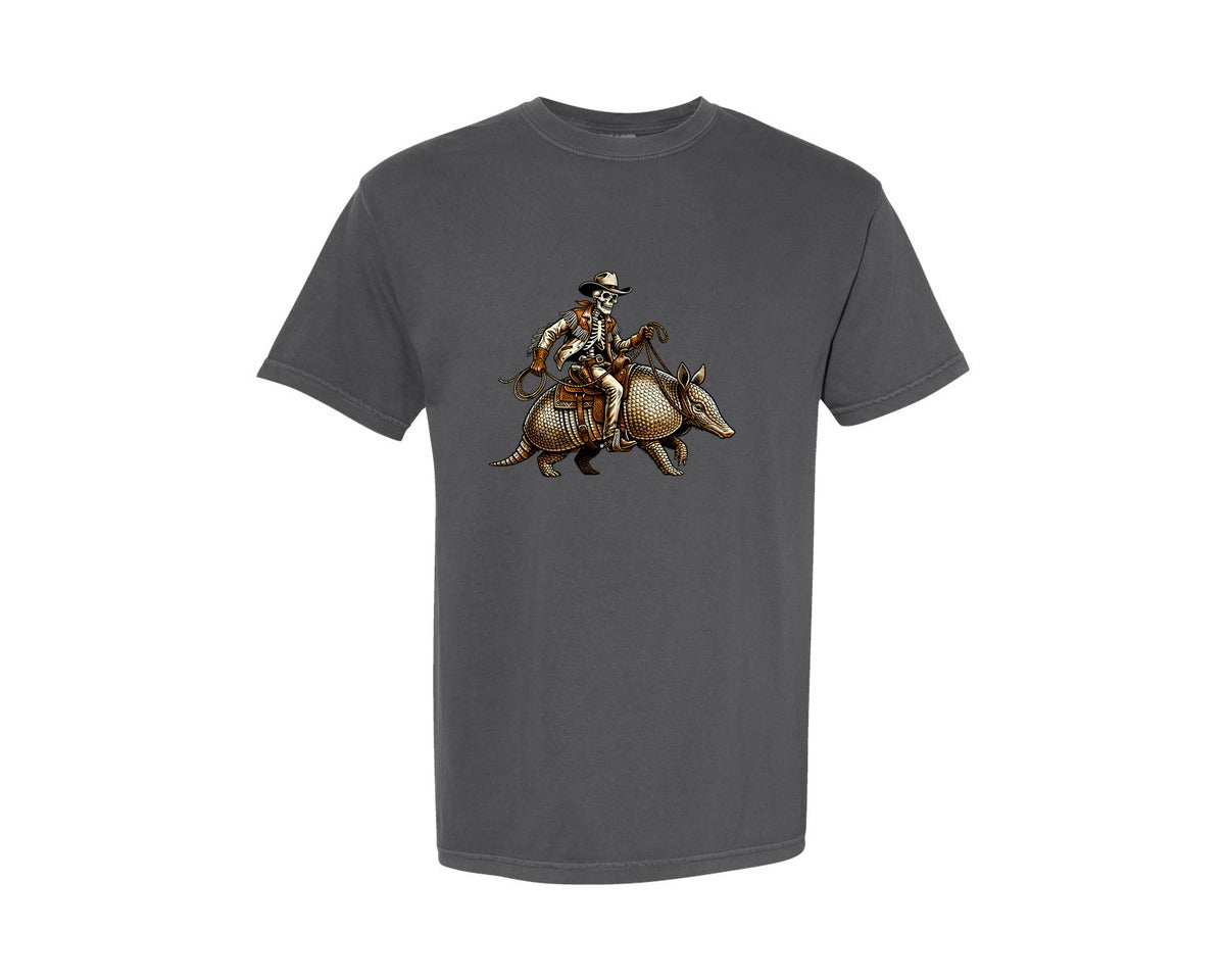 brand:Comfort Colors|color:Pepper|Cowboy Skeleton Riding Armadillo Graphic T-Shirt