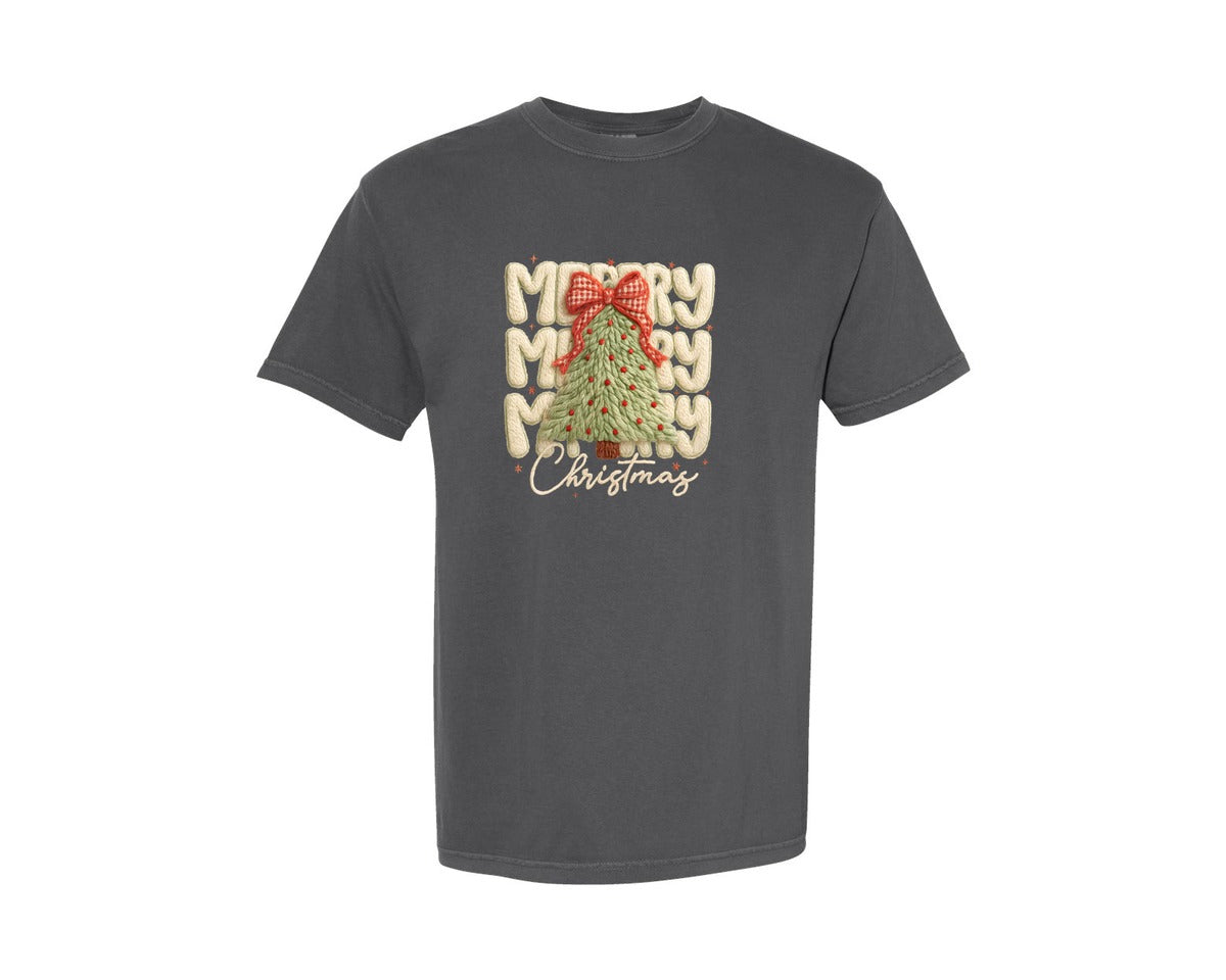 brand:Comfort Colors|color:Pepper|Festive Christmas Tree Embroidery Graphic T-Shirt