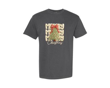 brand:Comfort Colors|color:Pepper|Festive Christmas Tree Embroidery Graphic T-Shirt