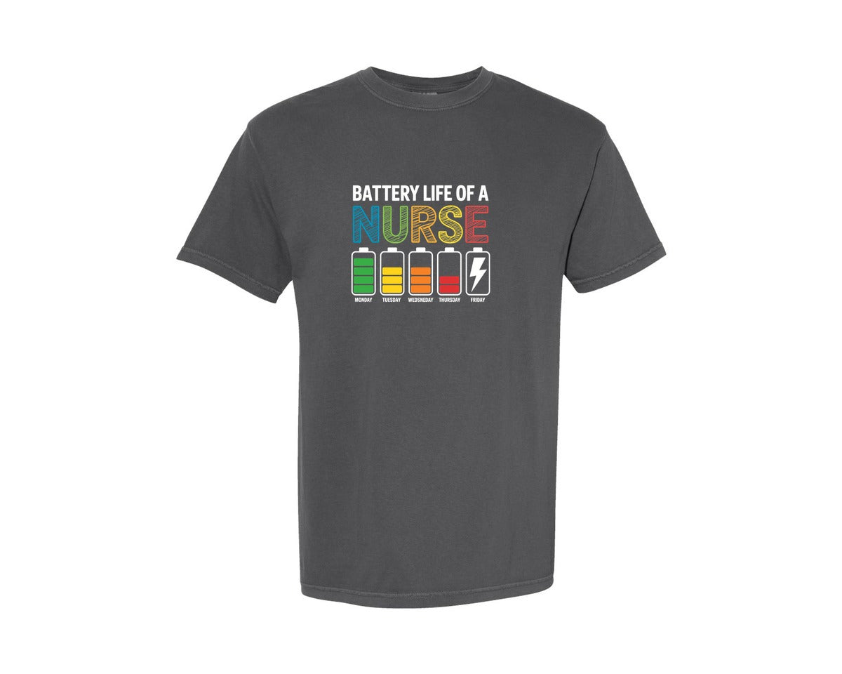 brand:Comfort Colors|color:Pepper|Battery Life Of A Nurse T Shirt Graphic T-Shirt