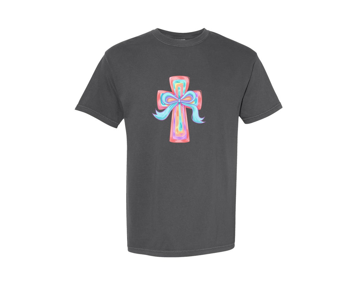 brand:Comfort Colors|color:Pepper|Cross Easter Pink Brushstroke 5 Graphic T-Shirt