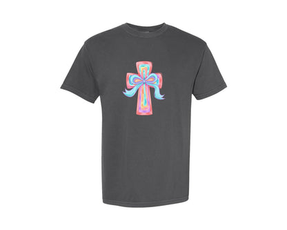 brand:Comfort Colors|color:Pepper|Cross Easter Pink Brushstroke 5 Graphic T-Shirt