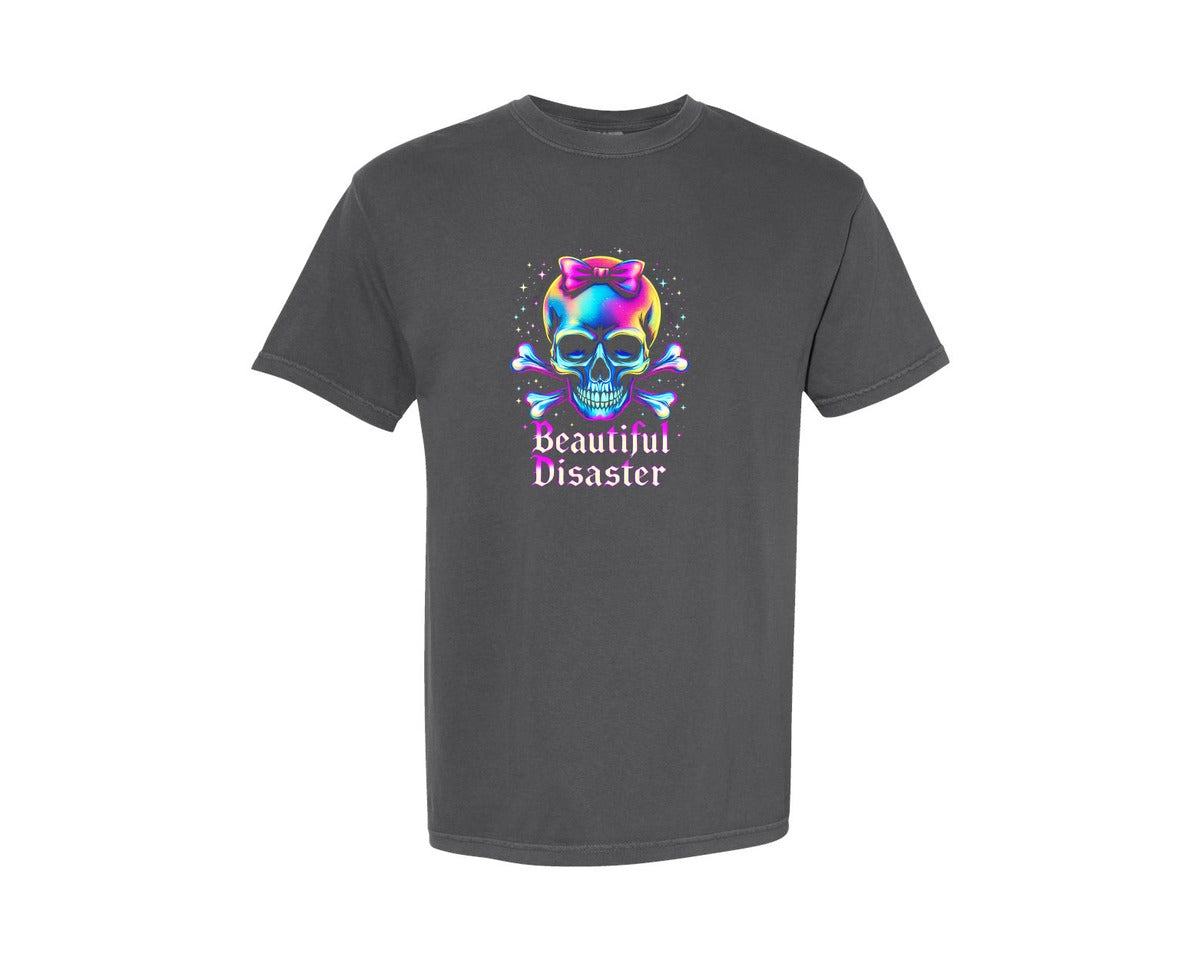 brand:Comfort Colors|color:Pepper|Beautiful Disaster Neon Skull Graphic T-Shirt