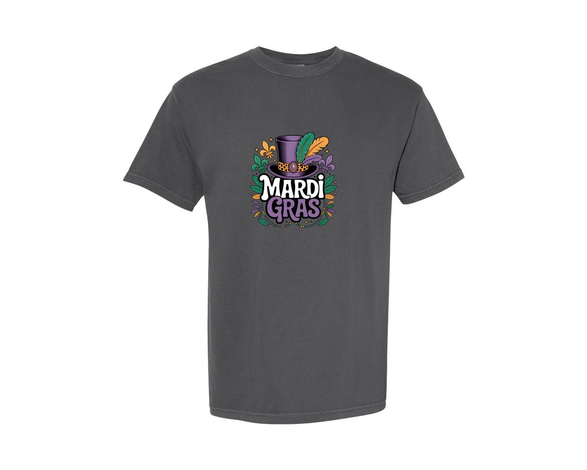 brand:Comfort Colors|color:Pepper|Mardi Gras Hat Typography Design Graphic T-Shirt