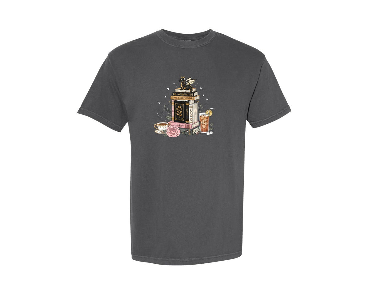 brand:Comfort Colors|color:Pepper|Cute Dragon On Book Stack Graphic T-Shirt