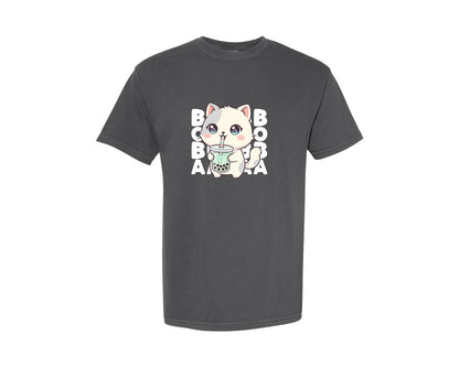 brand:Comfort Colors|color:Pepper|Kawaii Kitty Bubble Tea T Shirt Design Graphic T-Shirt