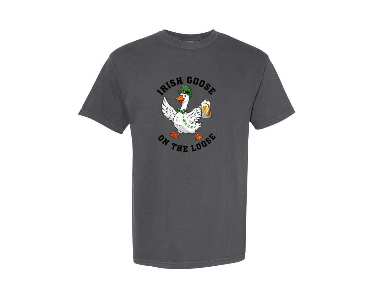 brand:Comfort Colors|color:Pepper|Funny Irish Goose On The Loose Graphic T-Shirt