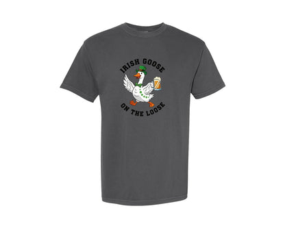 brand:Comfort Colors|color:Pepper|Funny Irish Goose On The Loose Graphic T-Shirt