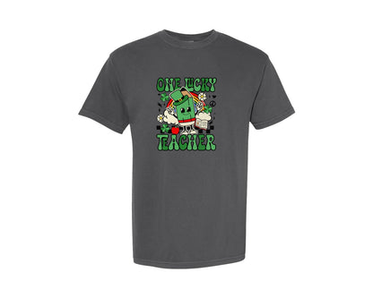 brand:Comfort Colors|color:Pepper|One Lucky Teacher St Pattys Day Graphic T-Shirt