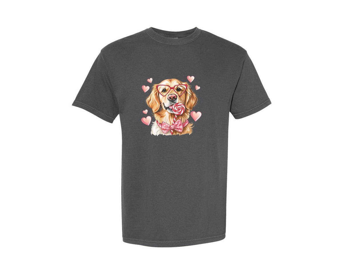 brand:Comfort Colors|color:Pepper|Valentine Dog Lovers Golden Graphic T-Shirt