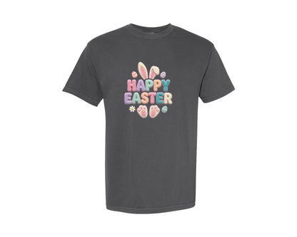 brand:Comfort Colors|color:Pepper|Happy Easter Faux Yarn Graphic T-Shirt