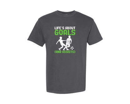 brand:Comfort Colors|color:Pepper|Lifes About Goals Soccer T Shirt Graphic T-Shirt
