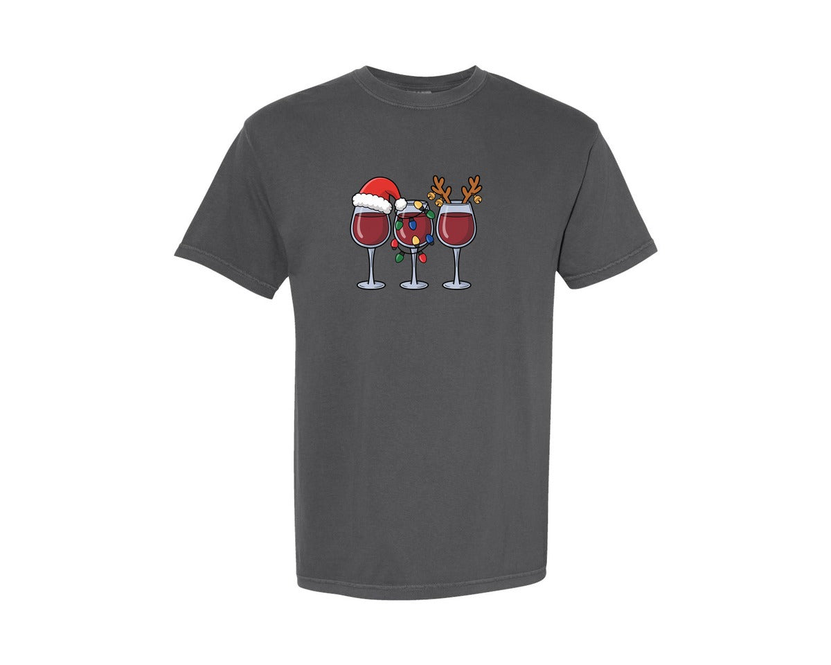 brand:Comfort Colors|color:Pepper|Christmas Wine Glass Holiday Drink Graphic T-Shirt