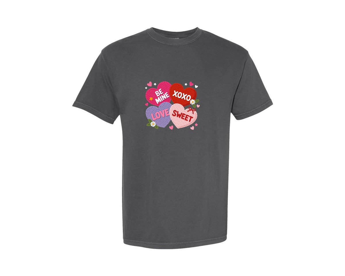 brand:Comfort Colors|color:Pepper|Faux Yarn Valentines Heart Candy Graphic T-Shirt