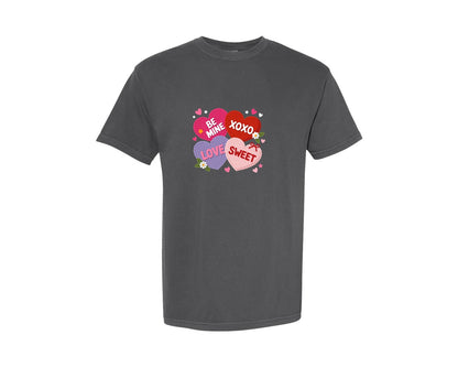 brand:Comfort Colors|color:Pepper|Faux Yarn Valentines Heart Candy Graphic T-Shirt