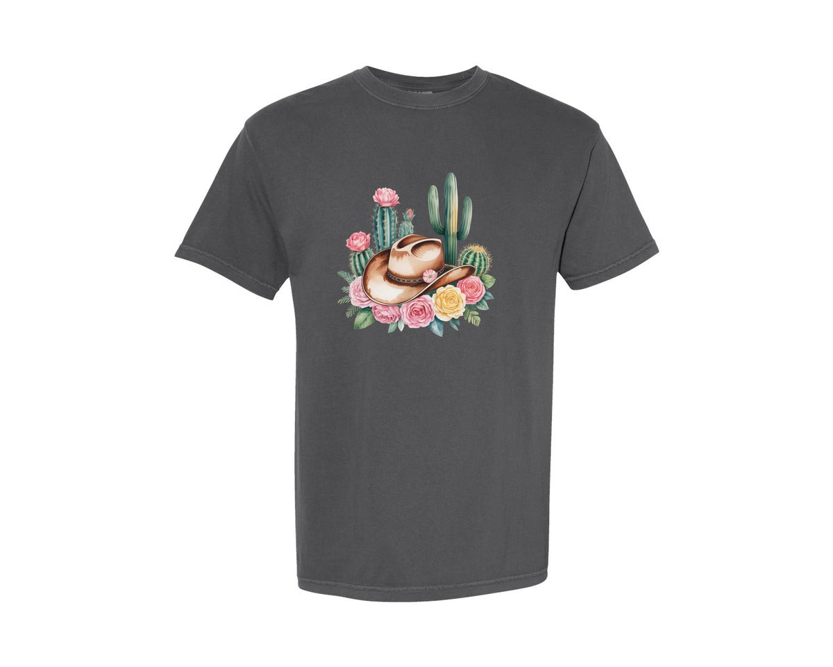 brand:Comfort Colors|color:Pepper|Cowgirl Hat Cactus Flowers Graphic T-Shirt