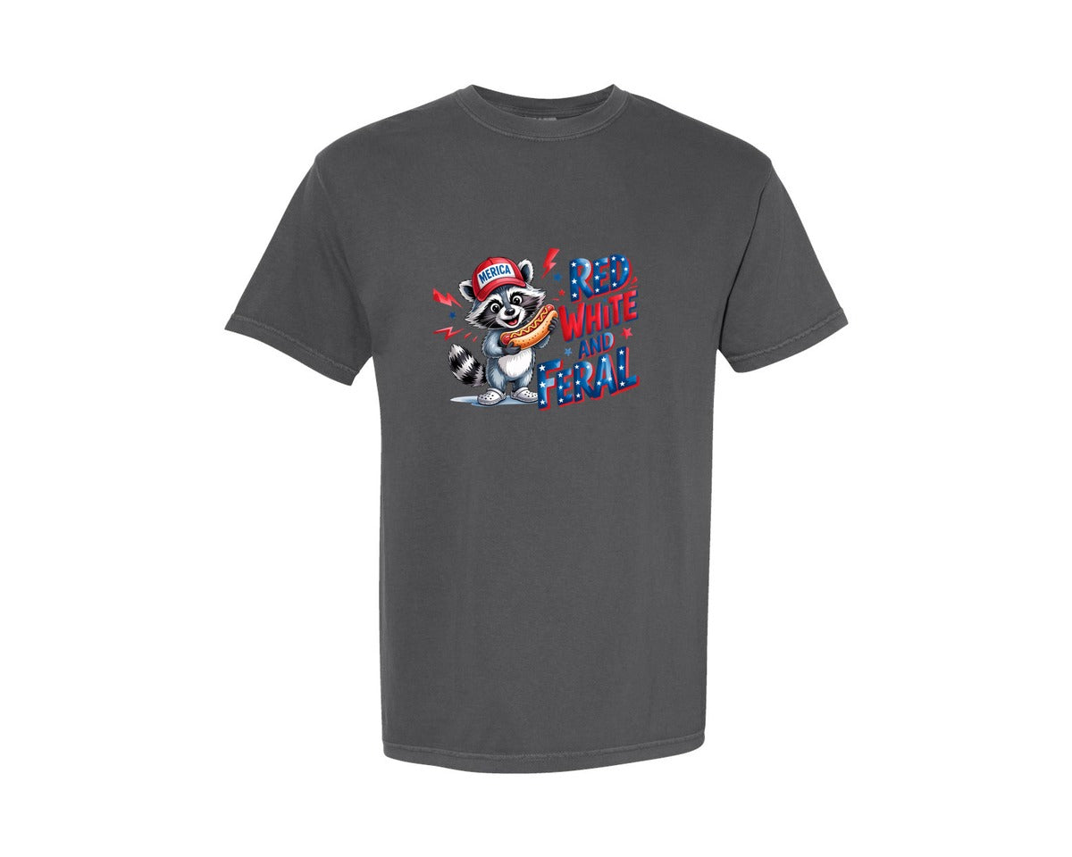 brand:Comfort Colors|color:Pepper|Patriotic Red White And Feral Raccoon Graphic T-Shirt