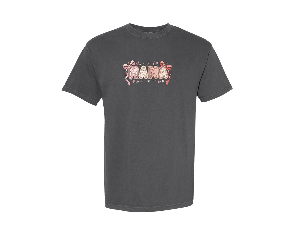 brand:Comfort Colors|color:Pepper|Mama Pink Bow Floral Cute Graphic T-Shirt