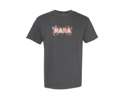 brand:Comfort Colors|color:Pepper|Mama Pink Bow Floral Cute Graphic T-Shirt