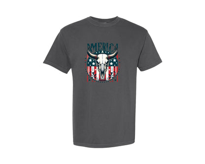 brand:Comfort Colors|color:Pepper|America Cow Skull 4Th Of July Flag Graphic T-Shirt