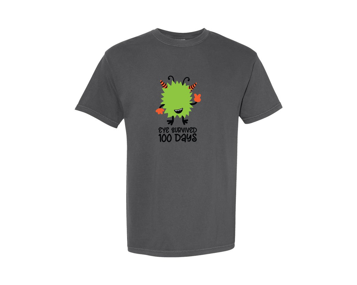 brand:Comfort Colors|color:Pepper|Eye Survived 100 Days Green Monster Graphic T-Shirt