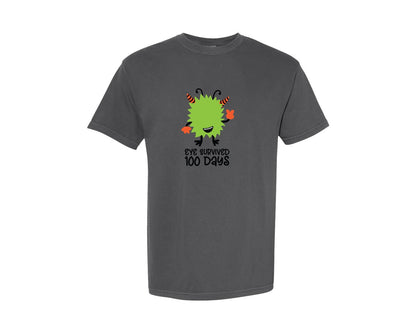 brand:Comfort Colors|color:Pepper|Eye Survived 100 Days Green Monster Graphic T-Shirt