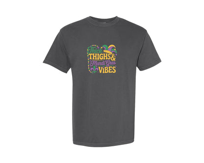 brand:Comfort Colors|color:Pepper|Thick Thighs Mardi Gras Vibes 2 Graphic T-Shirt