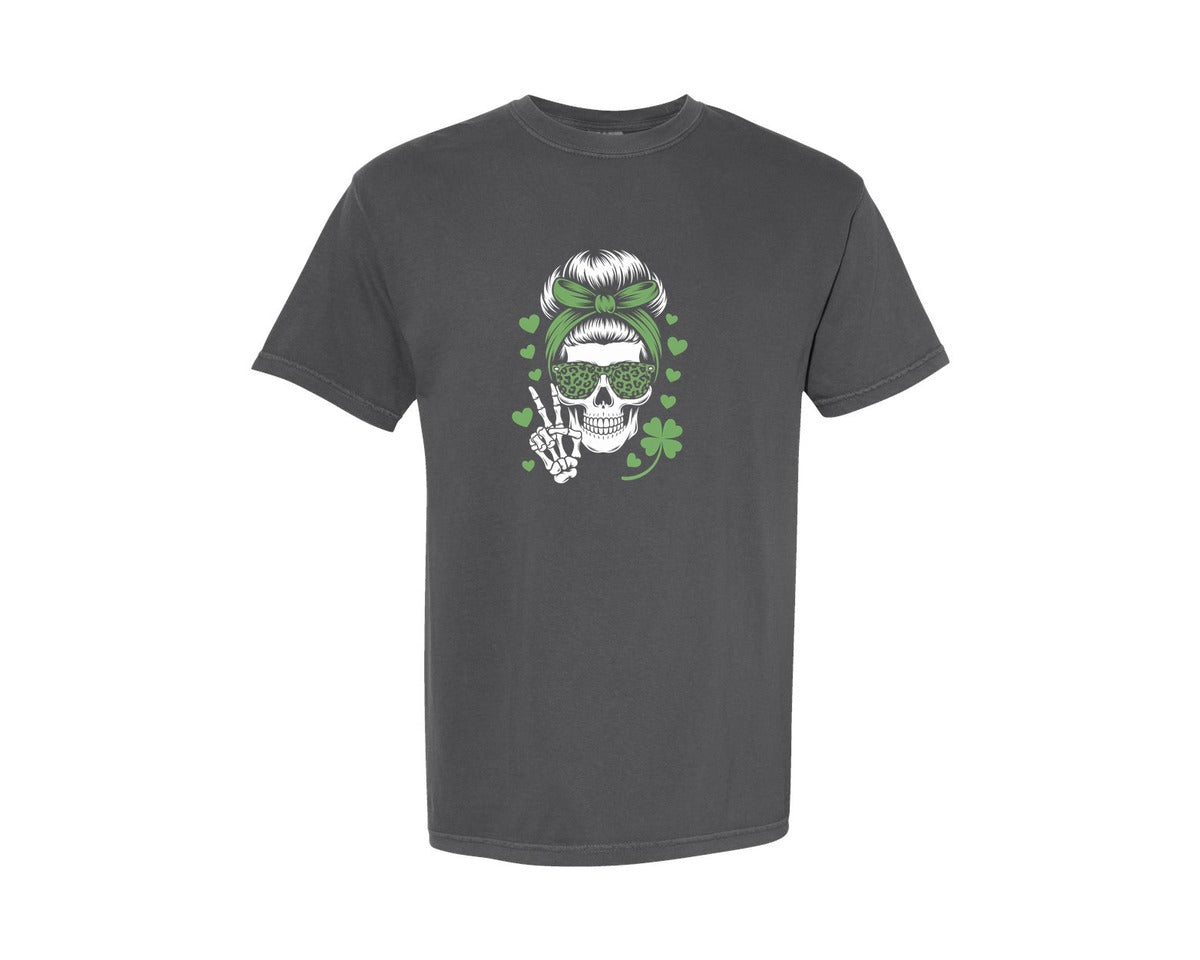 brand:Comfort Colors|color:Pepper|St Patricks Day Lucky Skull Girl Graphic T-Shirt