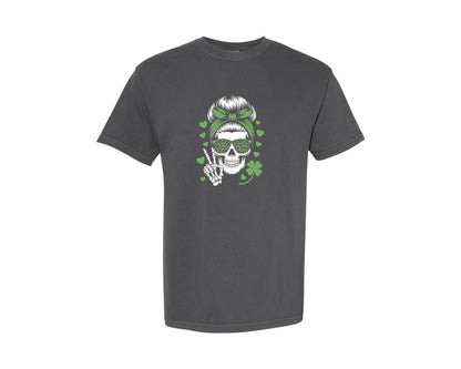 brand:Comfort Colors|color:Pepper|St Patricks Day Lucky Skull Girl Graphic T-Shirt