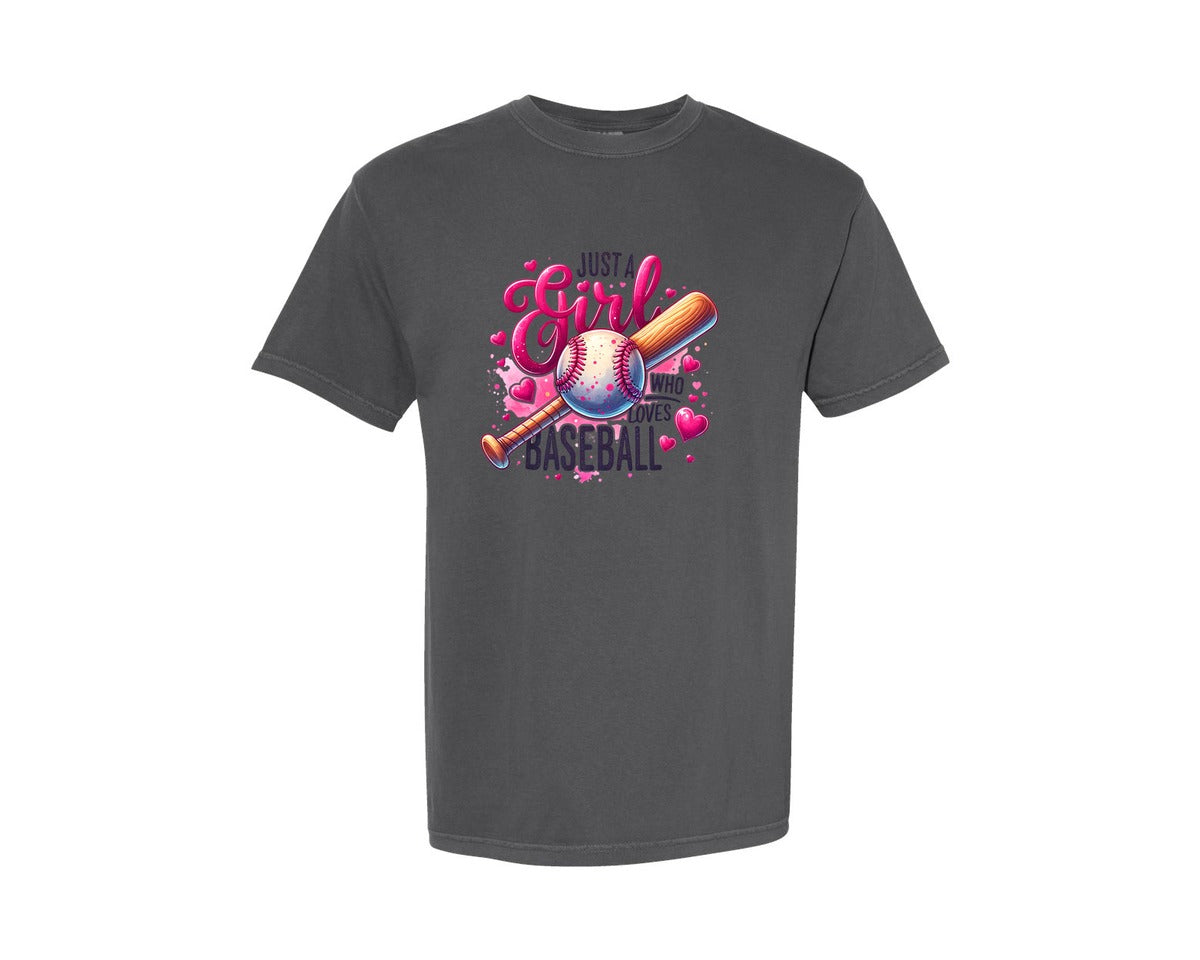 brand:Comfort Colors|color:Pepper|Just A Girl Who Loves Baseball 5 Graphic T-Shirt