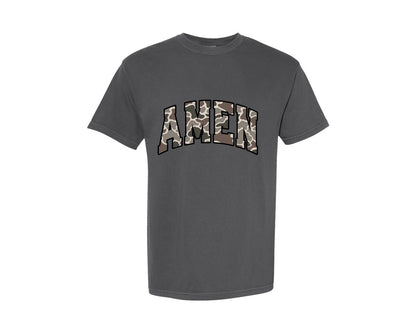 brand:Comfort Colors|color:Pepper|Camo Amen Varsity Graphic T-Shirt