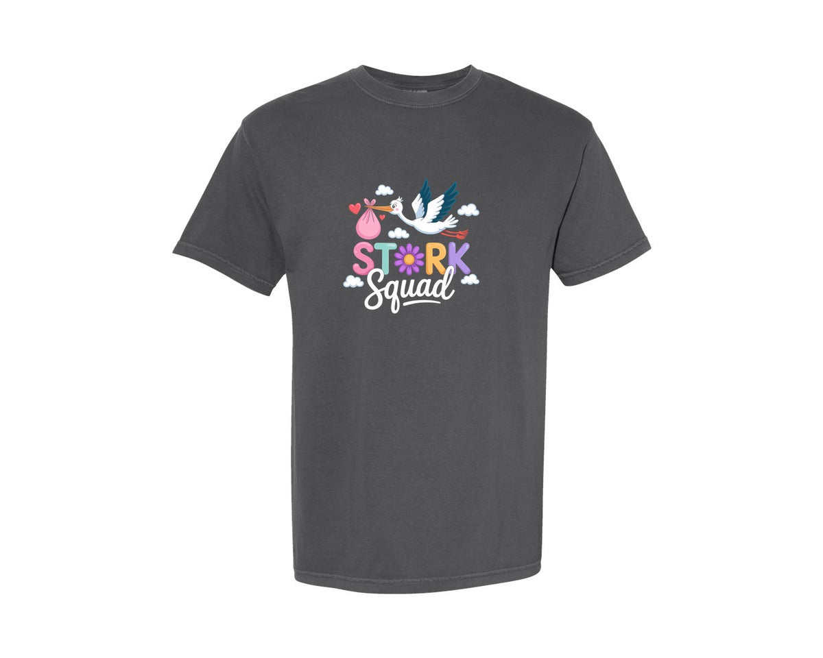 brand:Comfort Colors|color:Pepper|Funny Stork Labor And Delivery Nurse Graphic T-Shirt