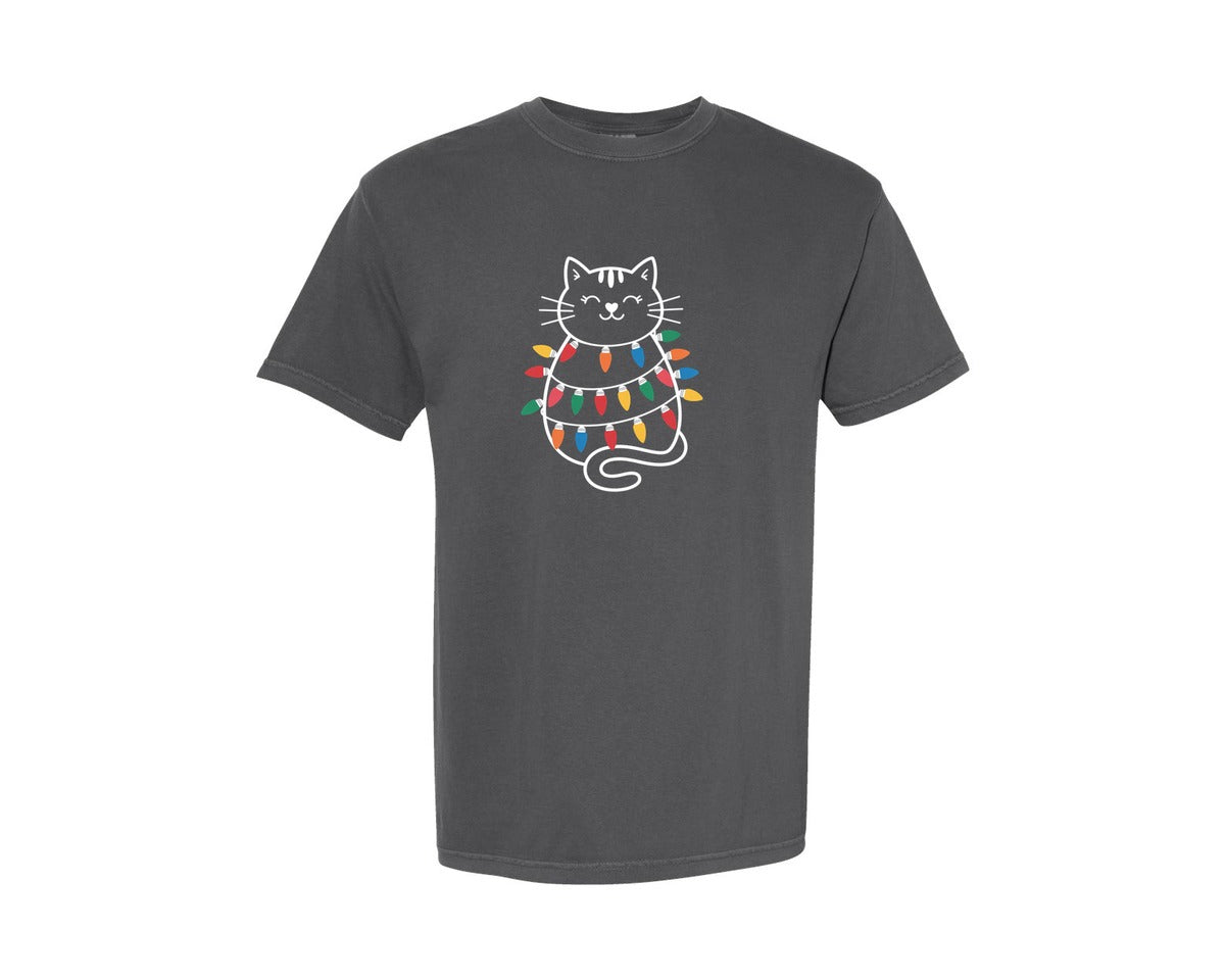 brand:Comfort Colors|color:Pepper|Cute Cat Christmas Lights Funny Cat Graphic T-Shirt