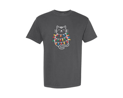 brand:Comfort Colors|color:Pepper|Cute Cat Christmas Lights Funny Cat Graphic T-Shirt