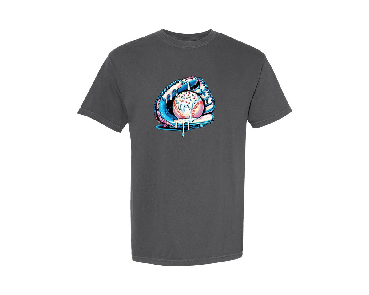 brand:Comfort Colors|color:Pepper|Baseball Drip Ice Cream Sprinkles Glove Graphic T-Shirt