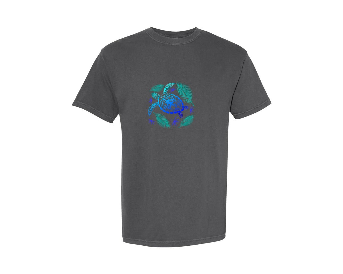 brand:Comfort Colors|color:Pepper|Ocean Blue Tribal Hawaiian Turtle Design Graphic T-Shirt