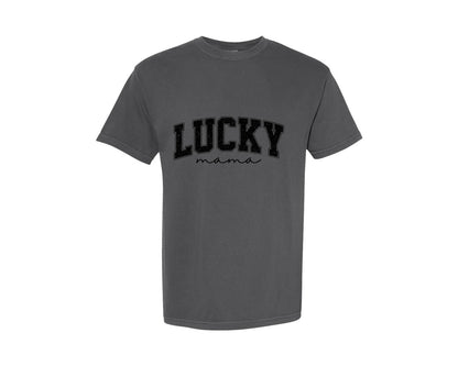 brand:Comfort Colors|color:Pepper|Lucky Mama Retro Varsity Graphic T-Shirt