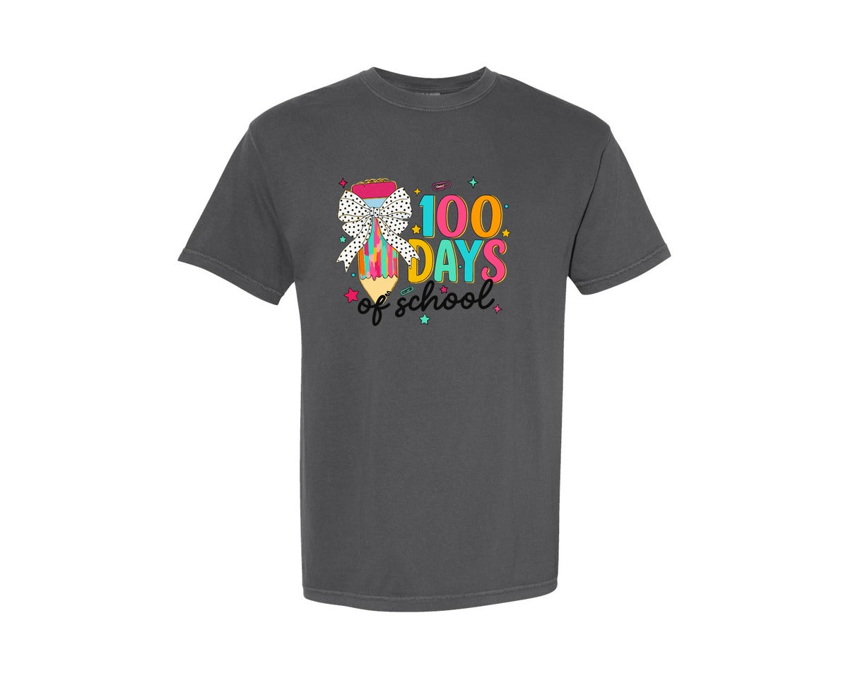 brand:Comfort Colors|color:Pepper|Glitter Bow Pencil 100 Days Of School Graphic T-Shirt