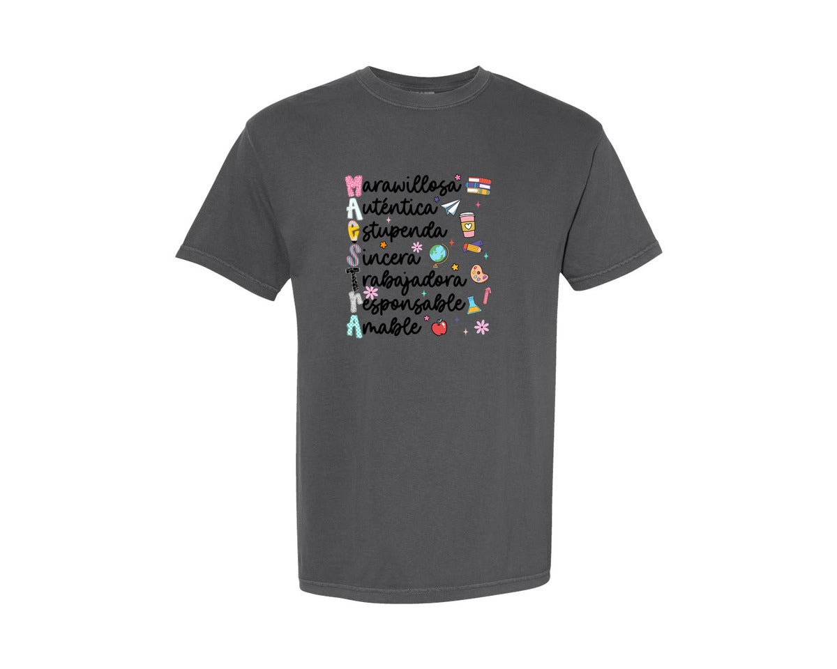 brand:Comfort Colors|color:Pepper|Retro Maestra First Day Of School Graphic T-Shirt